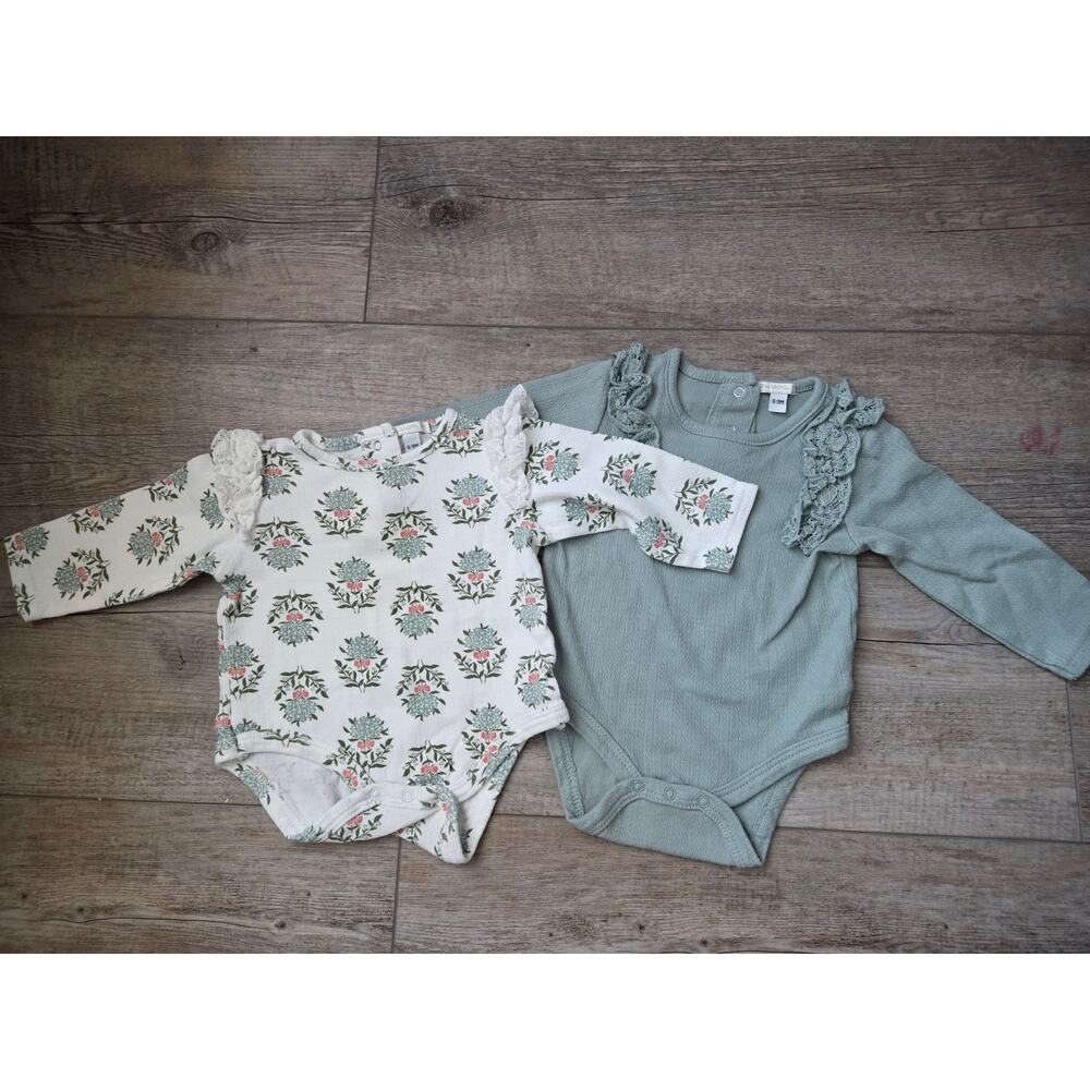 RZ by Rachel Zoe Baby Girls Bodysuit Set 6-9M Floral Sage Green Ruffle‎ 2Pc